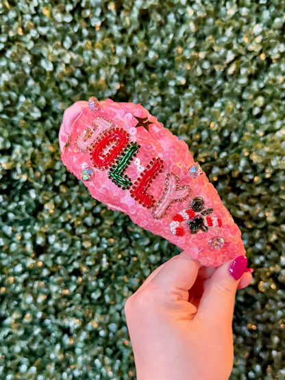 Pink Sequin HOLLY JOLLY Headband