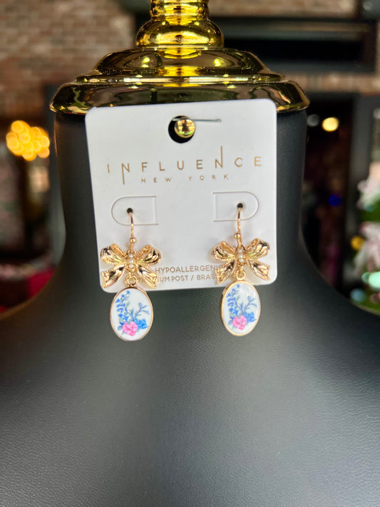 Bow Enamel FloralCharm Link Drop Earrings