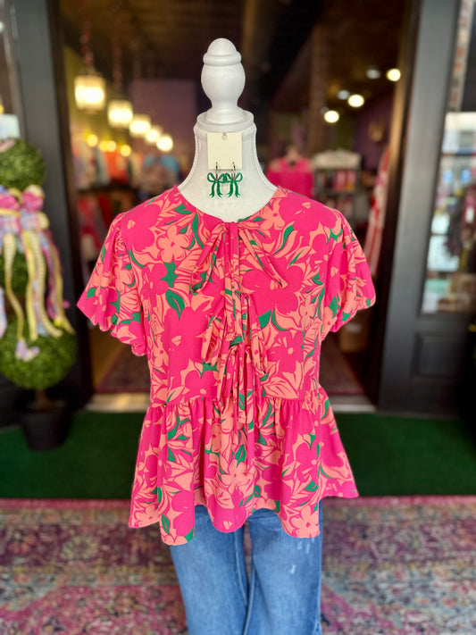 Pink Floral Print Woven Babydoll Top