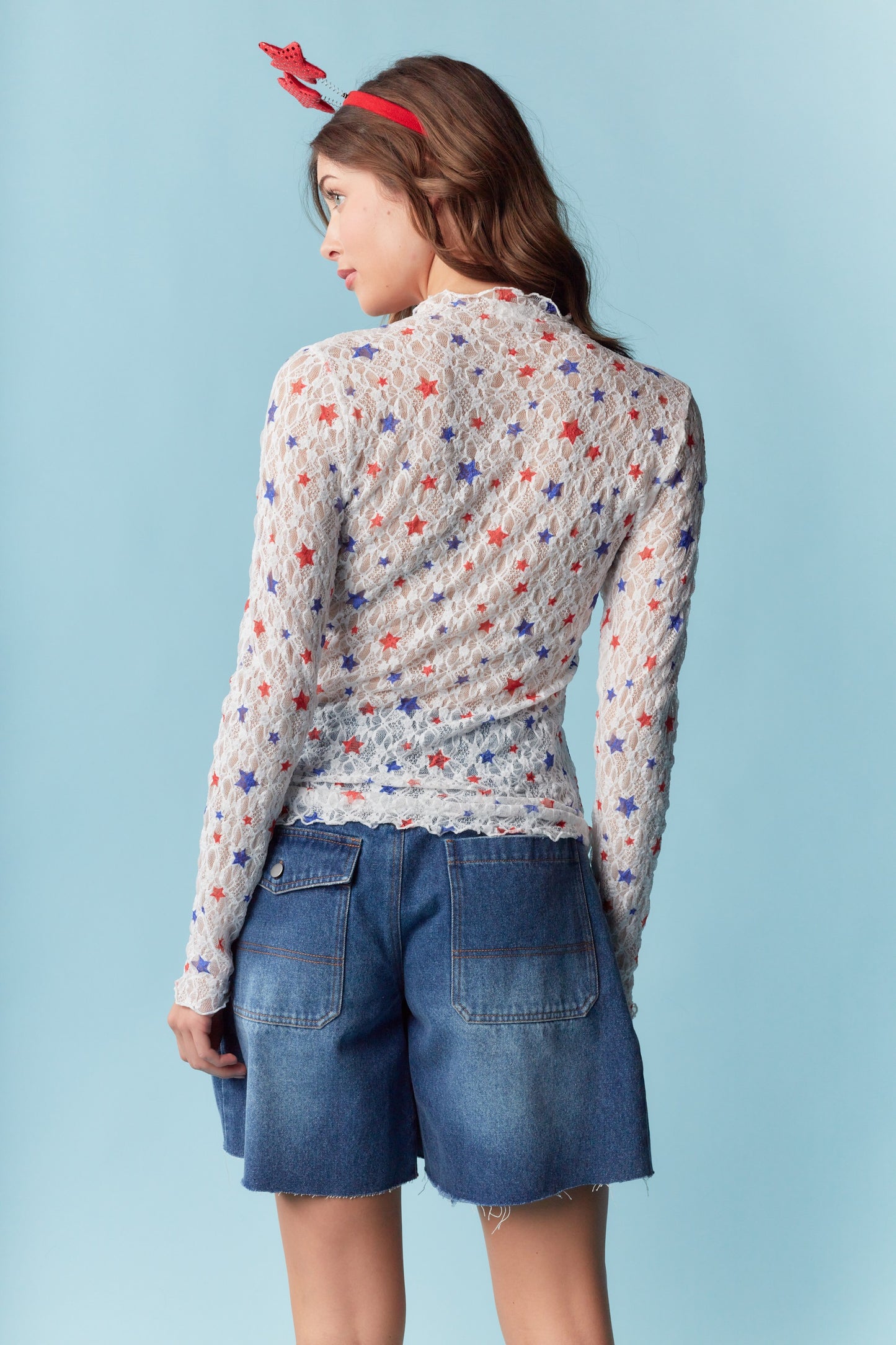 Patriotic Star Long Sleeve Lace Top