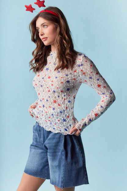 Patriotic Star Long Sleeve Lace Top