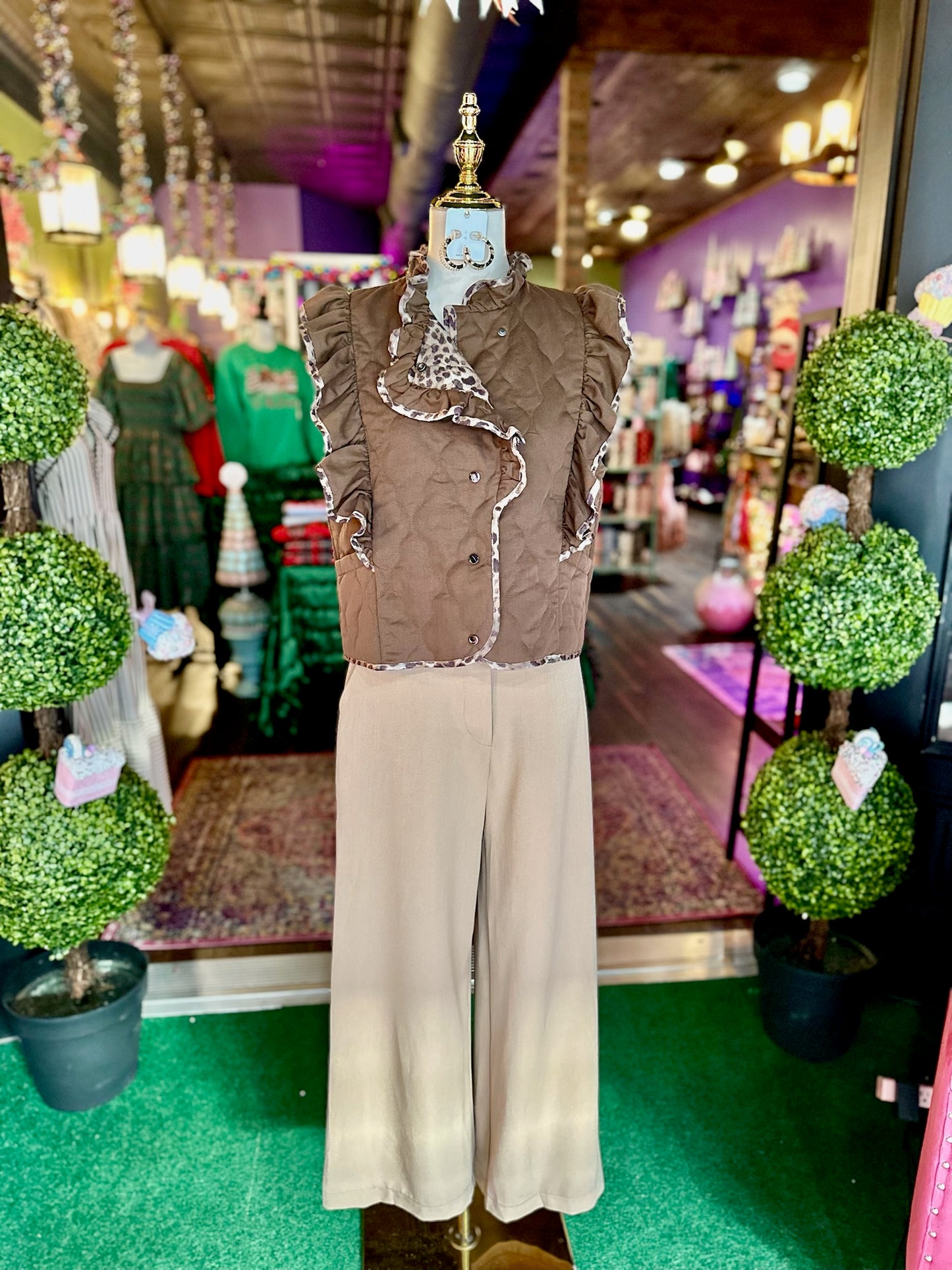 Espresso Sleeveless Ruffle Detail Quilted Vest