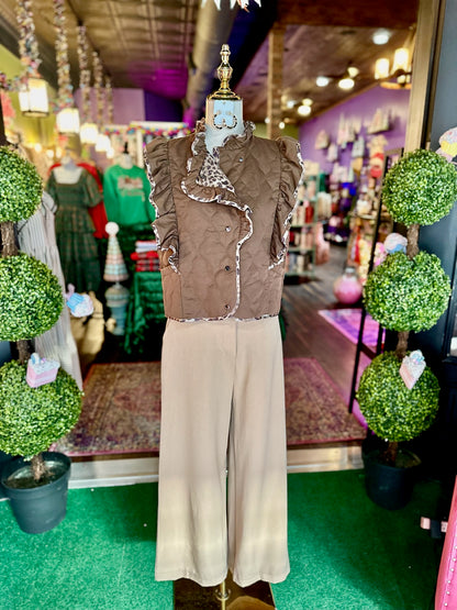 Espresso Sleeveless Ruffle Detail Quilted Vest