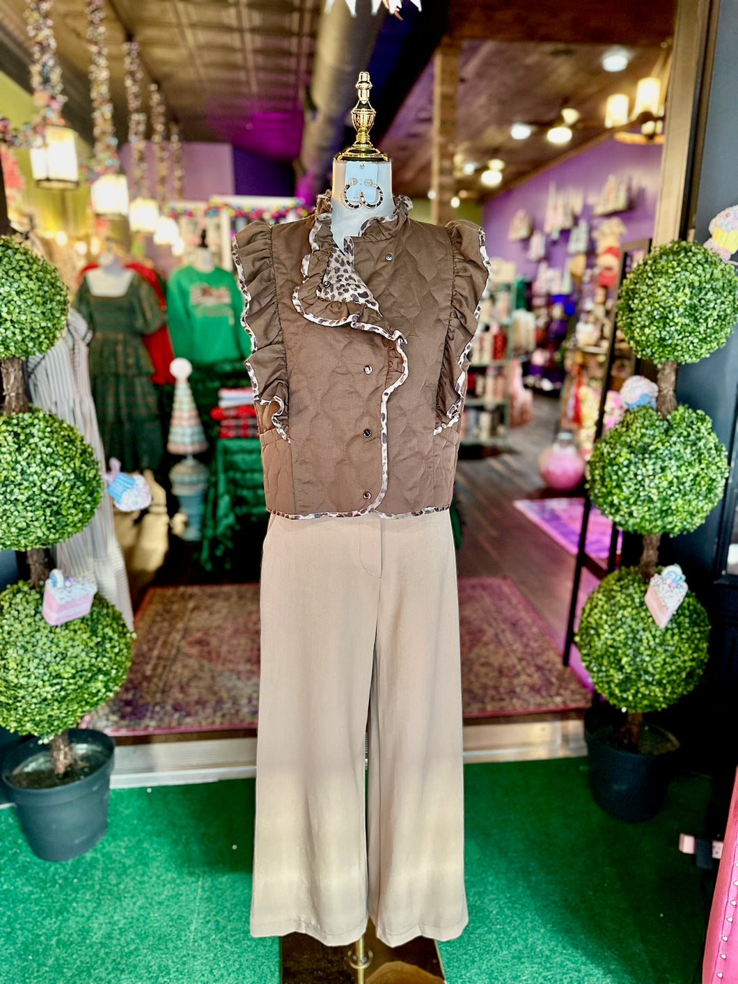 Espresso Sleeveless Ruffle Detail Quilted Vest