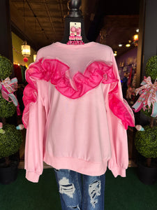 Pink French Terry pullover w/ Organza Ruffles