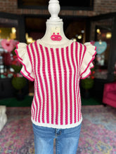 Load image into Gallery viewer, Pink &amp; White Striped Short Sleeve Knit Sweater
