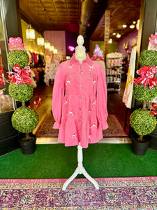 Pink Corduroy Shirt Dress With Bows