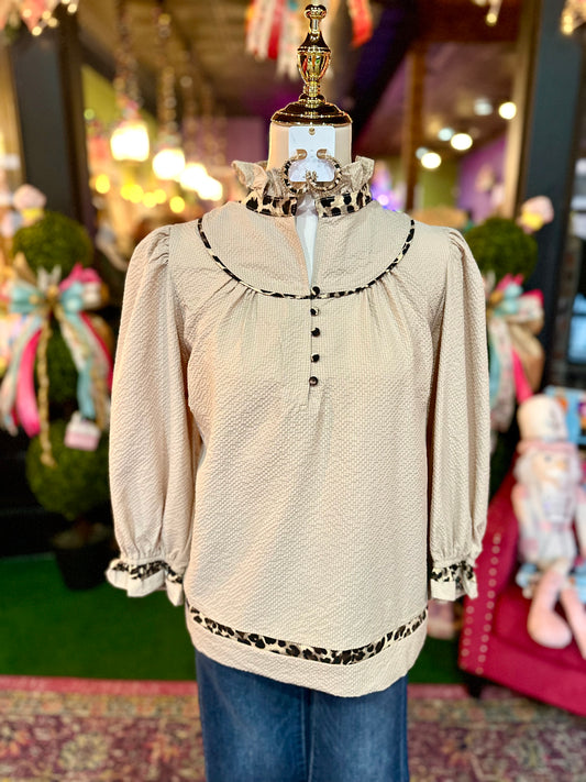 Leopard Trim Button Front Blouse