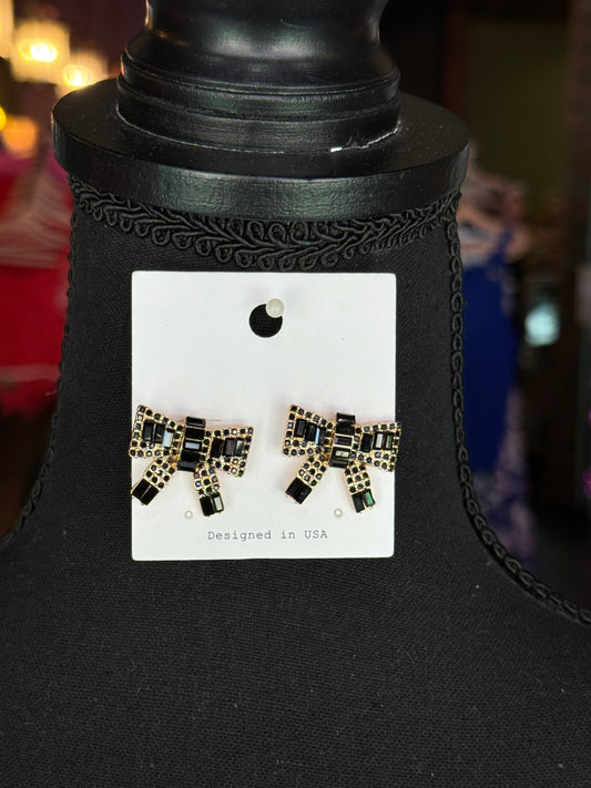 Black & gold crystal bow studs