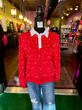 Load image into Gallery viewer, Red Pearl-Embellished Collared Sweatshirt
