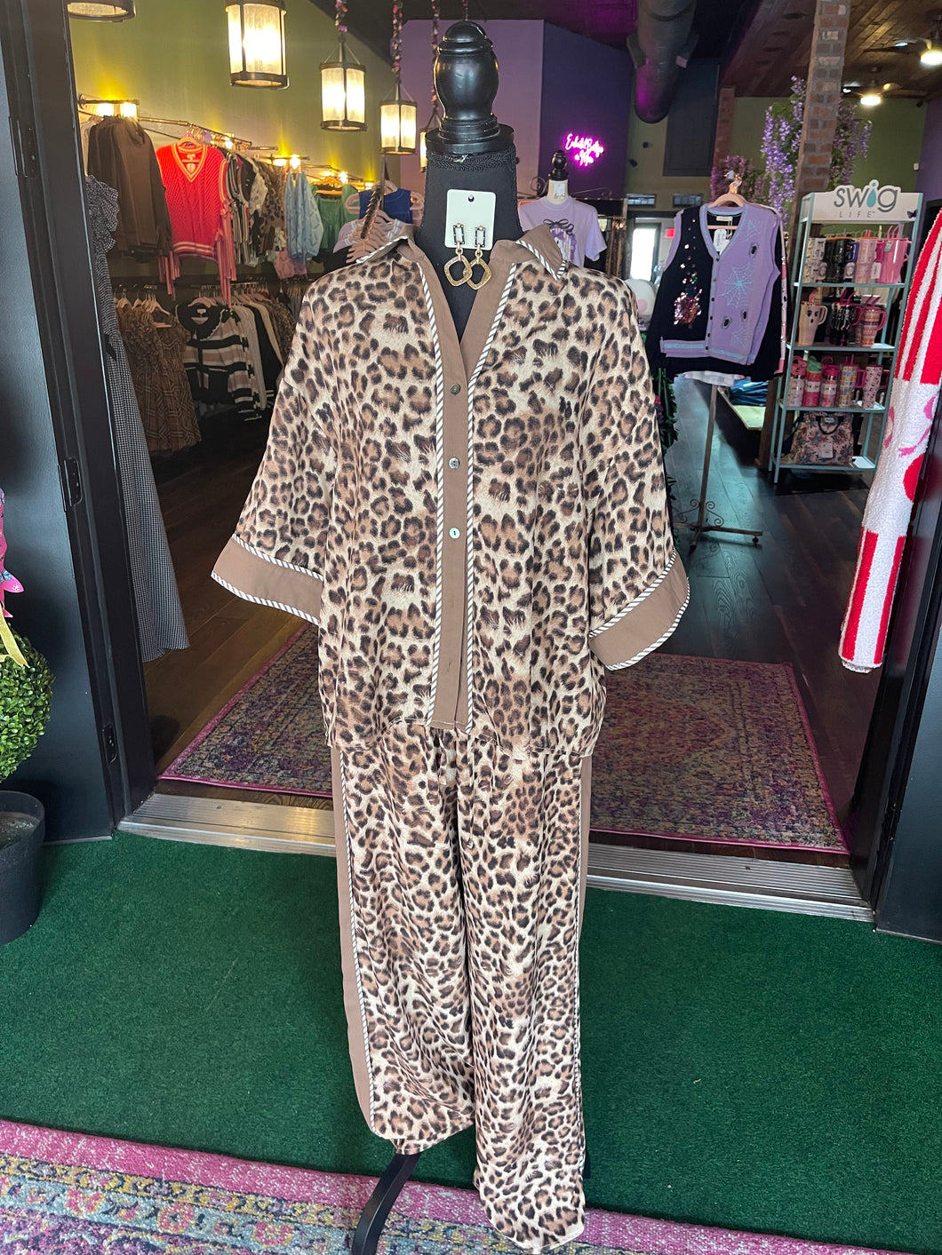 Leopard Print Button Up Top & Pants Set