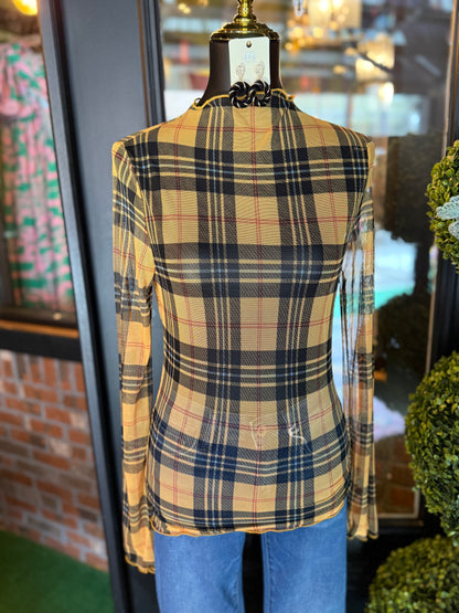 Butterscotch Plaid Mesh Top