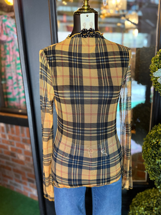 Butterscotch Plaid Mesh Top