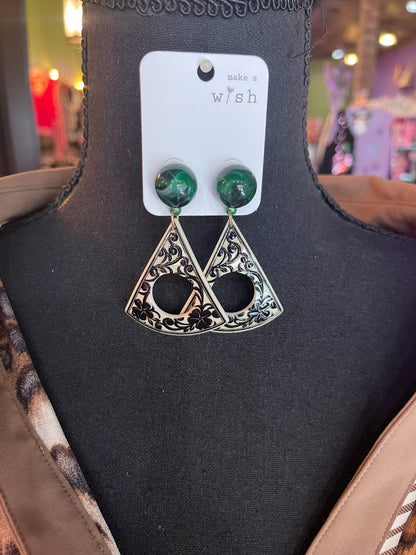 Green & Black Floral Triangle Earrings