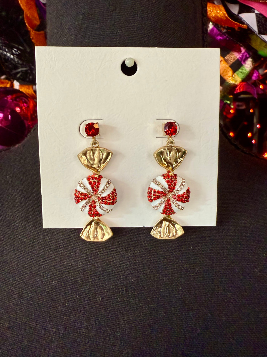 Red & White Rhinestone Embellished Peppermint Earrings