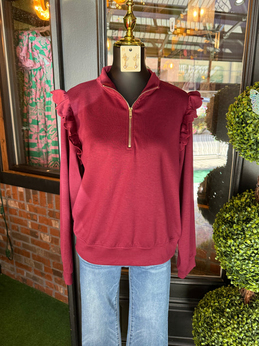 Burgundy Luxeknit Ruffle Shoulder Quarter-Zip Pullover