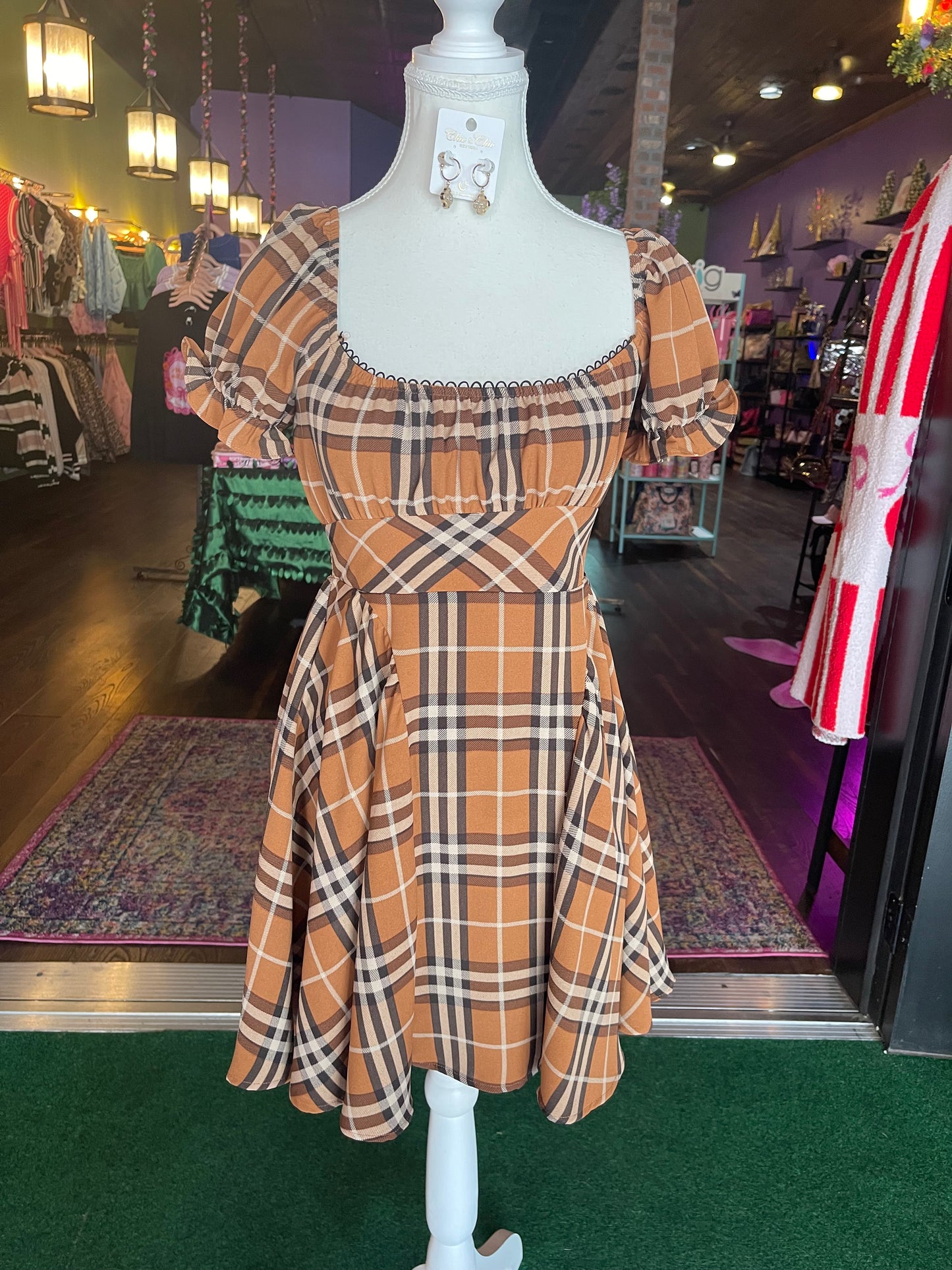 Brown Plaid Puff Sleeve Mini Dress
