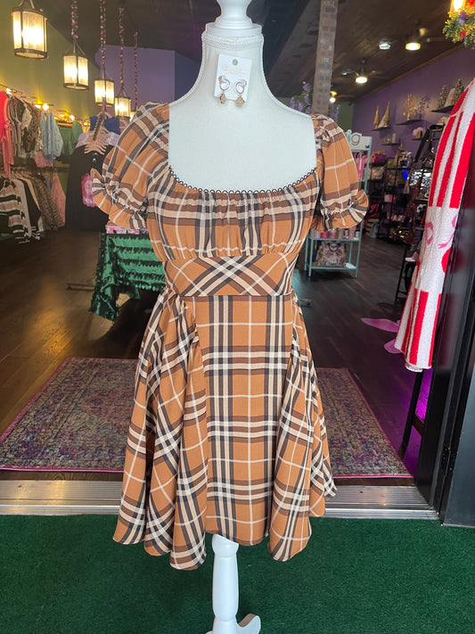 Brown Plaid Puff Sleeve Mini Dress