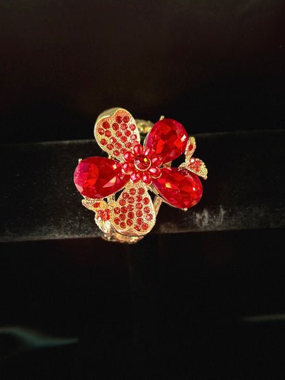 Red Jeweled & Pearl Embellished Flower Hinged Bangle