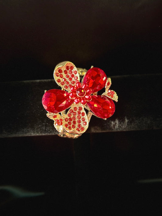 Red Jeweled & Pearl Embellished Flower Hinged Bangle