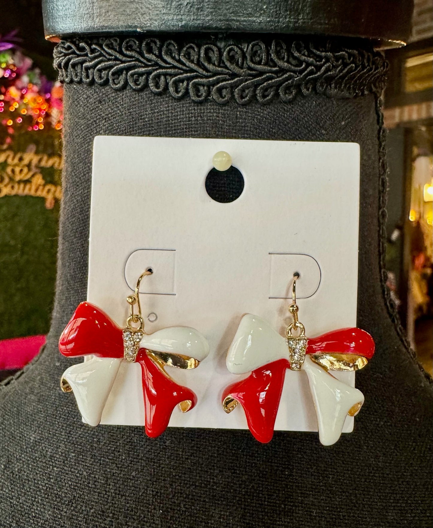 Red & White Rhinestone Bow Earrings
