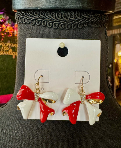 Red & White Rhinestone Bow Earrings