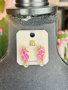 Pink Glitter Seahorse Earrings