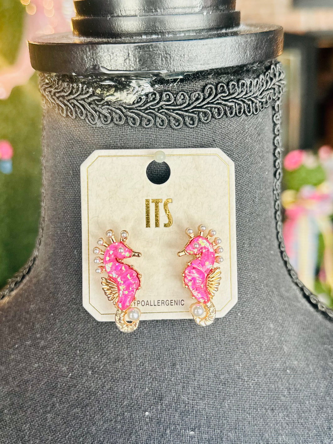 Pink Glitter Seahorse Earrings