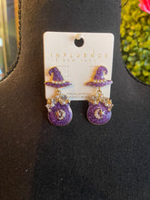 Load image into Gallery viewer, Purple Glitter Witch’s Hat &amp; Cauldron Earrings
