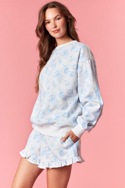 Light Blue Floral French Terry Sweatshirt & Shorts Set