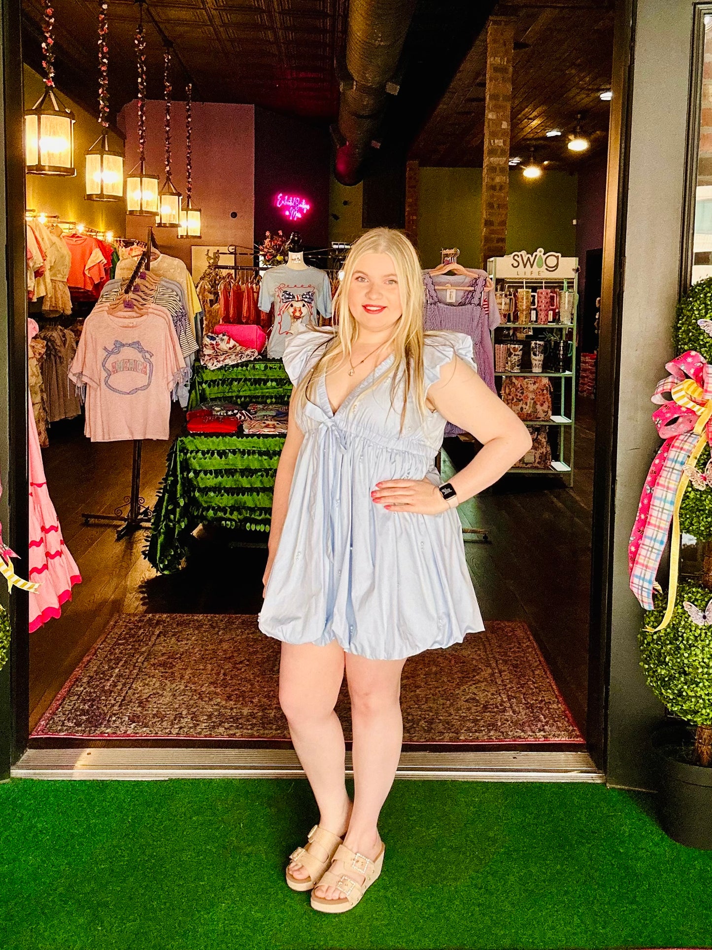 Light Blue Pearl Bubble Hem Mini Dress