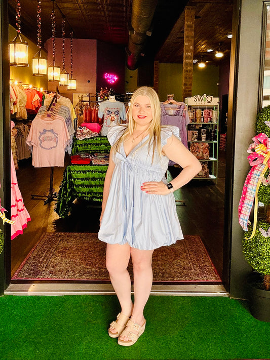 Light Blue Pearl Bubble Hem Mini Dress