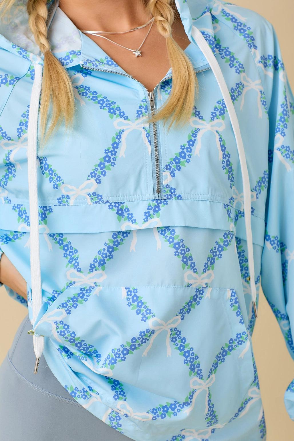 Blue Coquette Ribbon & Floral Print Windbreaker