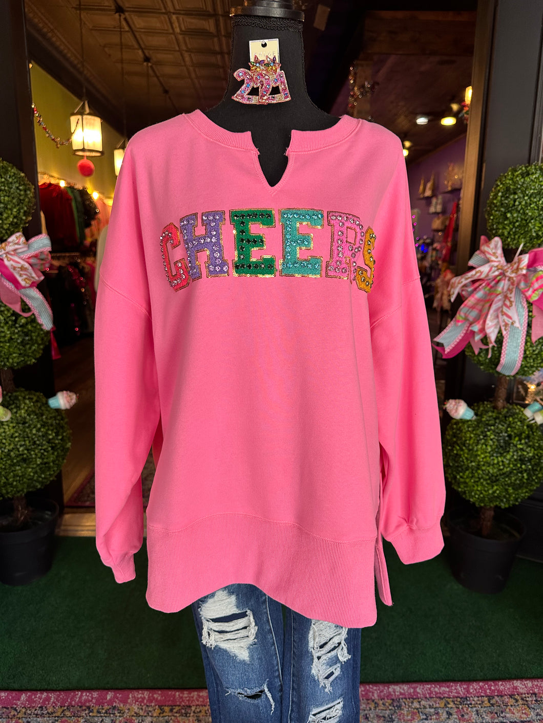 Pink V-neck “Cheers” Pullover