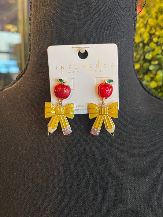 Apple & Bow Pencil Dangle Earrings