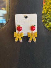 Load image into Gallery viewer, Apple &amp; Bow Pencil Dangle Earrings
