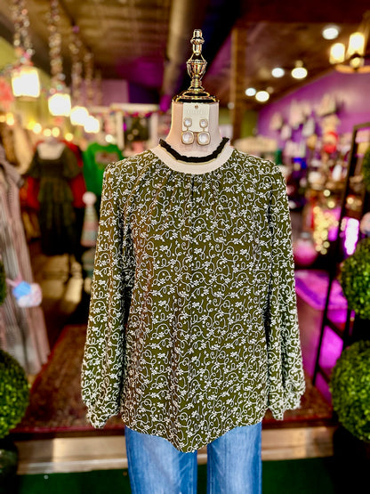 Olive Floral Vine Print Ruffle Neck Blouse