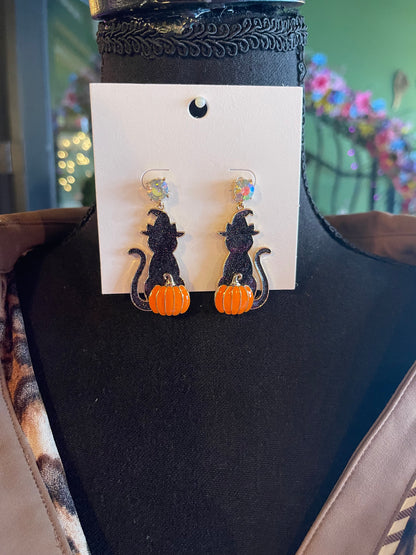 Halloween Black Cat & Pumpkin Earings
