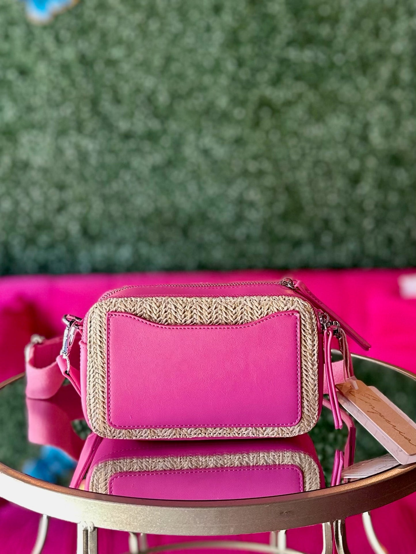 Fuchsia Two Tone Straw Crossbody