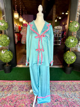 Load image into Gallery viewer, Vintage Blue Satin Tie-front Pajamas
