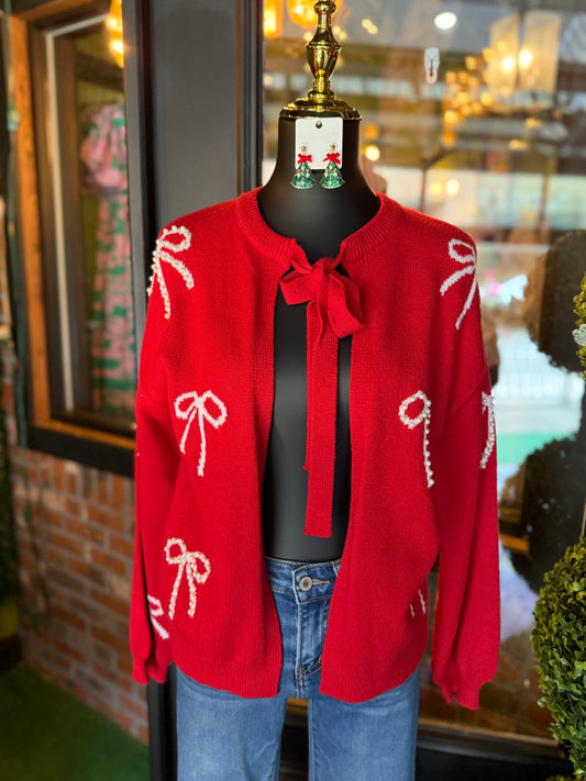 Red & White Pearl Bow Cardigan