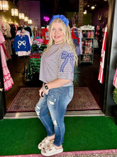 Load image into Gallery viewer, Blue &amp; White Striped Bow Embroidered Cropped Top
