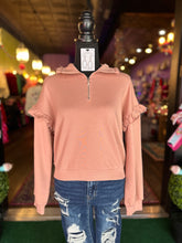 Load image into Gallery viewer, Light Mauve half-zip w/ Ruffle Detail
