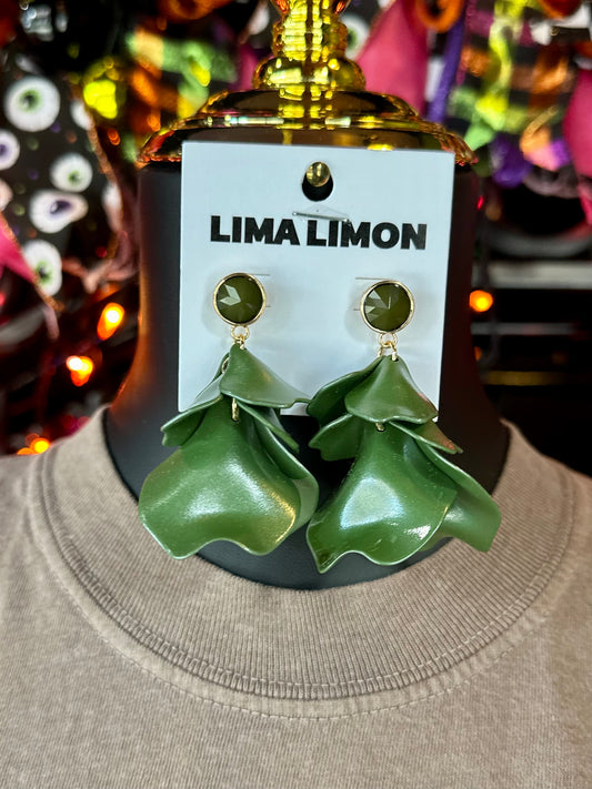 Olive Green Petal Drop Earrings
