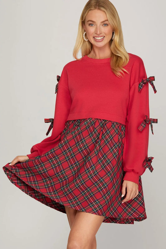 Long Sleeve Christmas Plaid Bow Dress