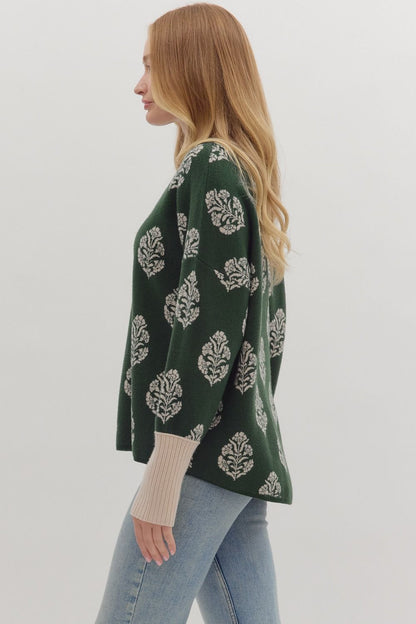 Hunter Green Botanical Print Sweater