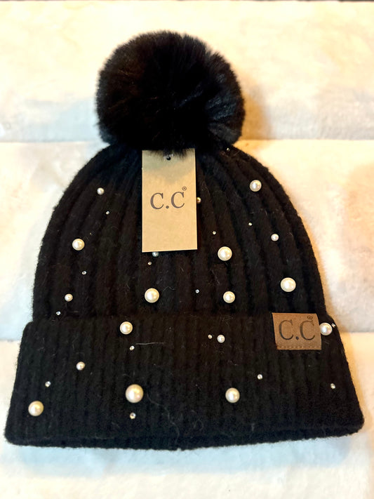 CC Black Pearl Embellished Pom Beanie