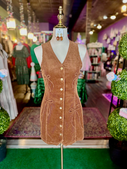 Bow Detailed Corduroy Vest Mini Dress
