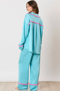 Vintage Blue Satin Tie-front Pajamas