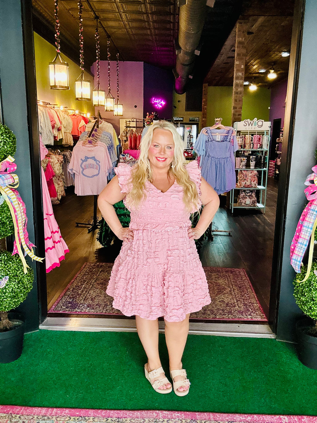 Pink Smocked V-Neck Mini Dress